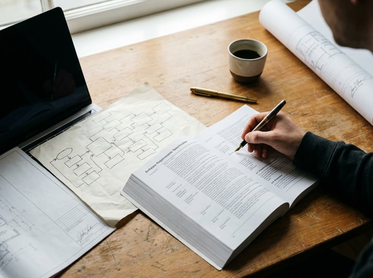 A printed Software Requirements Specification with a hand-drawn process flow and a brass pen.