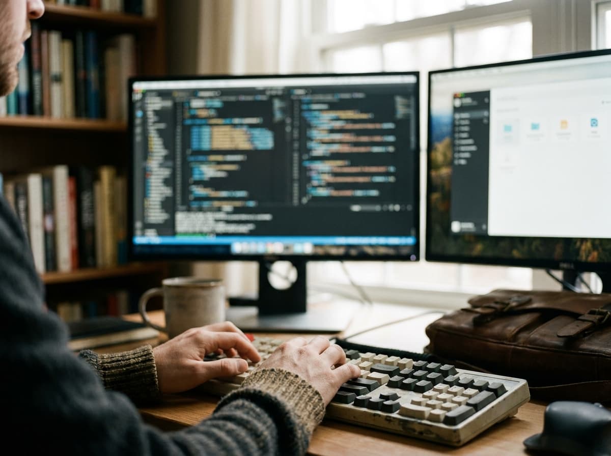 Building the software — hands at the keyboard with code across dual monitors.