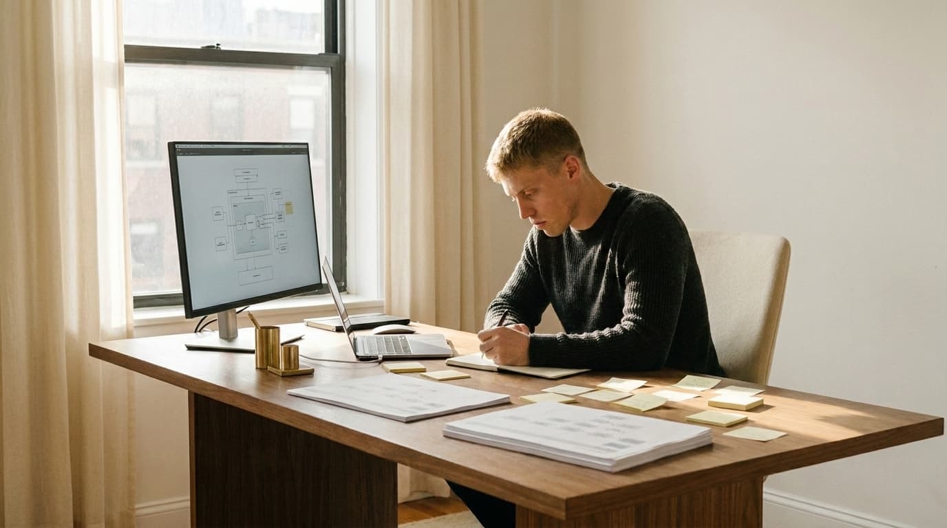 The founder mapping a system diagram at his desk, with printed specifications and notes beside the screen.